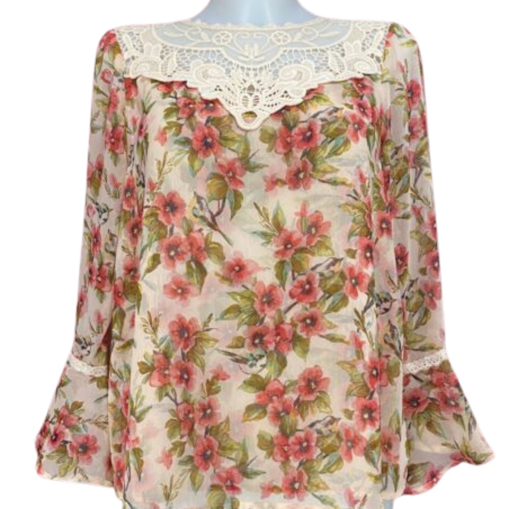 Disney Snow White LC Lauren Conrad Pink Floral Lace Peasant Blouse Boho NWT S XL - Picture 5 of 9